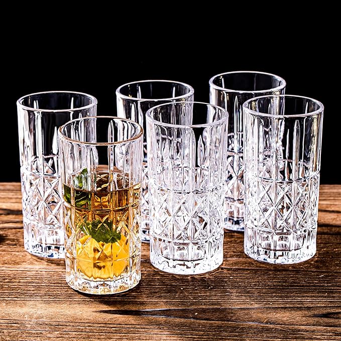 Tall Highball Glasses Set of 6, 14 Ounce Cups, Textured Designer Glassware for Drinking Water, Beer, or Soda, Trendy and Elegant Dishware, Dishwasher Safe
