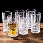 Tall Highball Glasses Set of 6, 14 Ounce Cups, Textured Designer Glassware for Drinking Water, Beer, or Soda, Trendy and Elegant Dishware, Dishwasher Safe