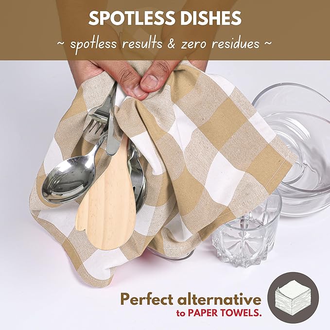 Native Fab 12 Pack Buffalo Check Kitchen Towel 16"x26" - Cotton Dish Towels Washable - Absorbent Tea Towels, Soft Hand Towel with Hanging Loop, Dish Cloth Set - Beige White