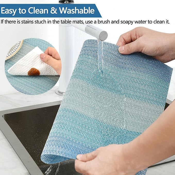Placemats Set of 8 - Easy Clean Washable Vinyl Placemats - Wipeable Heat Resistant Table Mats for Dining Table - 17.7x11.8 Inch (8, Blue Gradient)