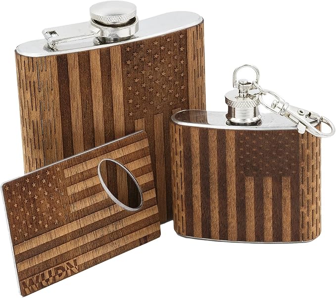 3-Piece Wooden Bar Set - 6 oz Hip Flask, 2 oz Keychain Flask & Credit Card Bottle Opener in American Flag