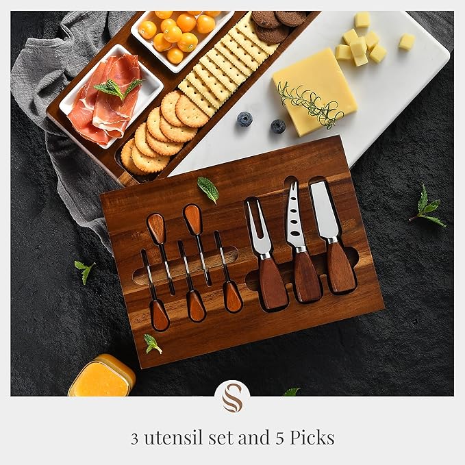 Shanik Marble & Acacia Wood Cheese Board Set – Includes 3 Ceramic Bowls, Stainless Steel Cutlery – Charcuterie Platter Gift for Entertaining