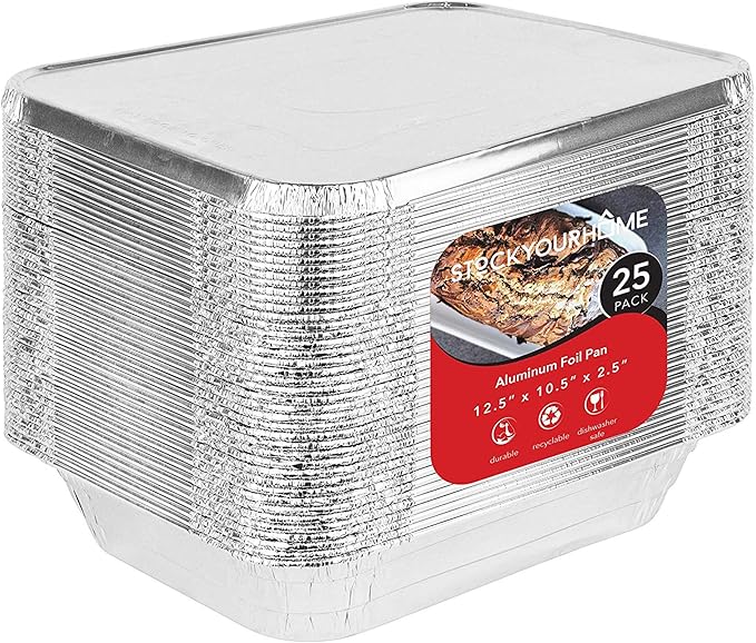 Stock Your Home Foil Pans with Lids - 9x13 Aluminum Pans with Covers - 25 Foil Pans and 25 Foil Lids - Disposable Food Containers Great for Baking, Cooking, Heating, Storing, Prepping Food Silver