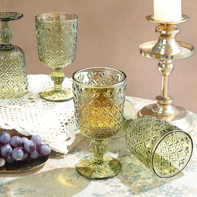 Joeyan Green Vintage Wine Glasses,Water Goblet Glasses,Stemmed Drinking Glasses with Embossed Pattern,Colored Glassware for Wedding Party Banquet Feast,10 oz,Set of 4,Dishwasher Safe