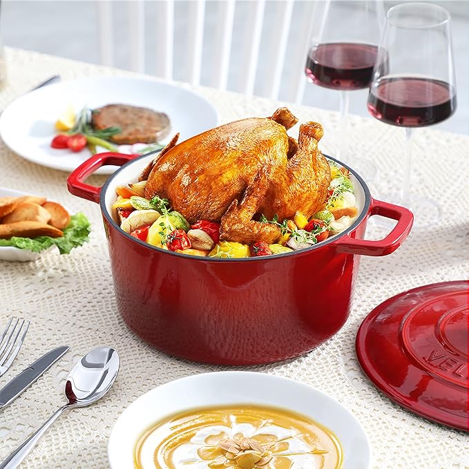 Velaze 6 QT Enameled Cast Iron Dutch Oven, Dual Handles Pot with Lid, Heavy-Duty Non-stick Round Oven for Bread Baking, Stewing, Roasting, Good Sealing for All Heat Source (Red)