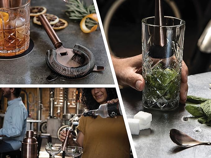 Mint & Mortar Cocktail Shaker Set, 7-Piece Bartender Kit with Stand, 24oz Martini Shaker Bottle Stainless Steel Bar Tools, Home Bar Accessories Drink Mixer, Barware Gift Set - Brushed Copper