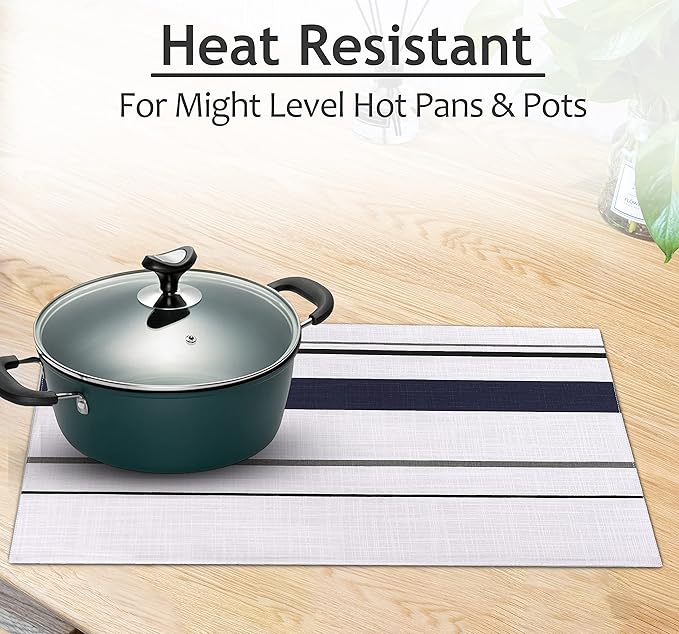 Ruvanti Placemats 100% Cotton 13x19 Inch, Dining Table Placemats Set of 6, Modern Place Mats for Dining Table Decor, Kitchen & Table Linens, Coffee Mat for Christmas Dinners - Navy Stripe