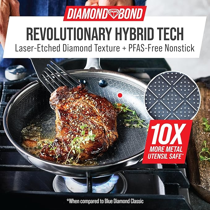 Blue Diamond Hybrid Nonstick Stainless Steel 10” Frying Pan, PFAS-Free Ceramic Diamond Surface Skillet, Diamond Bond Powerful Searing, Dishwasher Safe, Stay-Cool Handle, Induction Ready, All Cooktops