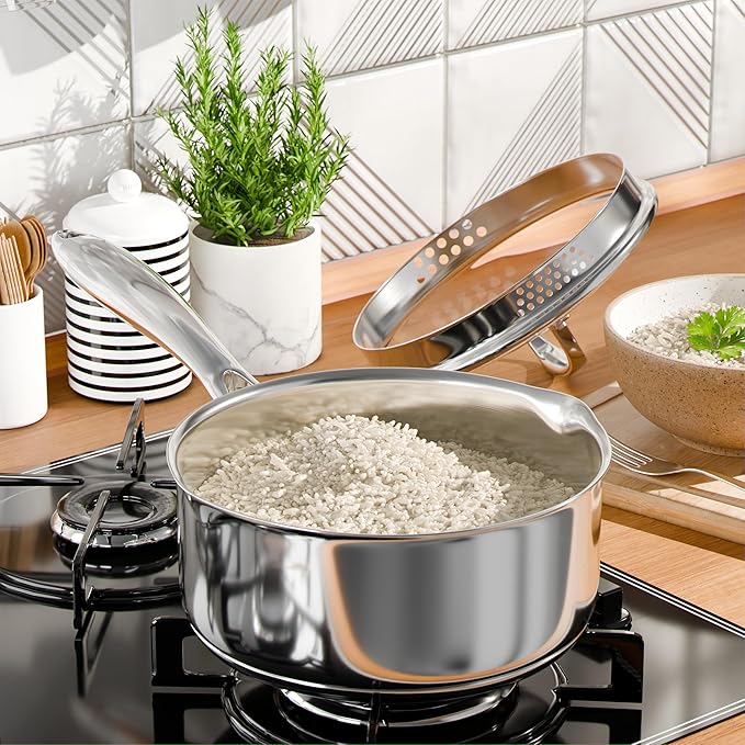 Stainless Steel Saucepan Set with Strainer Glass Lid, 1-Quart and 2-Quart Tri-Ply Capsule Bottom Sauce Pan/Pot, Two Pour Spout, Dishwasher and Oven Safe