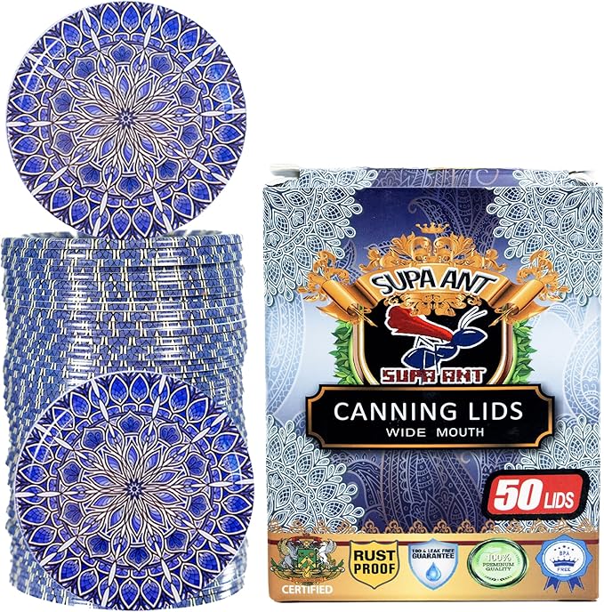 Supa Ant Thickest Canning Lids Wide Mouth (50 Pcs.) Food Grade Tin Can Lids for Canned Food -Buckle Proof & Rust Proof Lid for Canning Kit for Wide Mouth Mason Jars (Blue Wall Plate) Canning Supplies