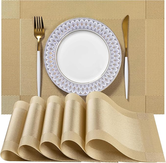 LEXMORE PVC Woven Placemats 4 PCS Wipeable Indoor/Outdoor Table Mats Washable Vinyl Place Mats for Dining Table, Set of 4-Gold Cube