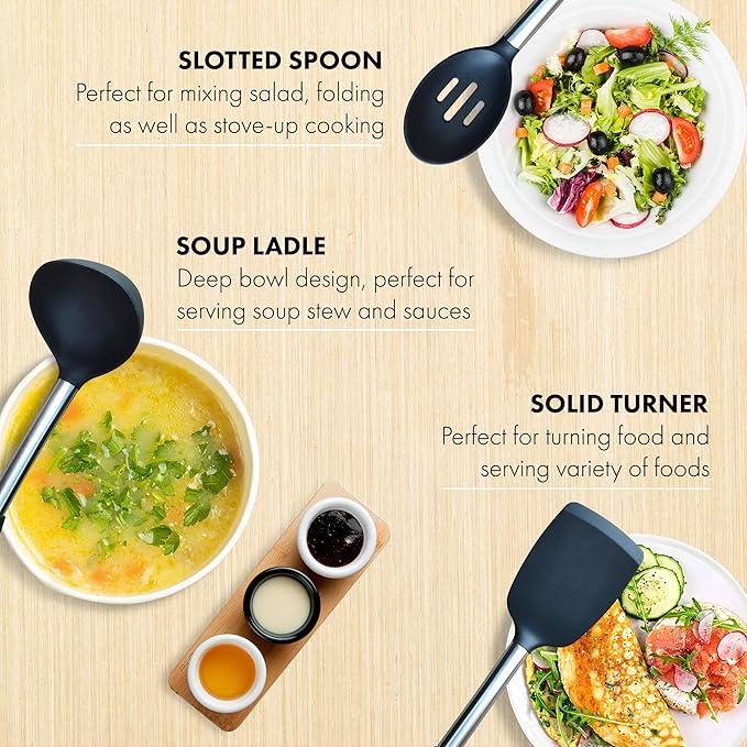 Home & Kitchen Essentials Cooking Utensils Set - Non Stick Silicone Kitchen Utensils Set - Stainless Steel Handles, Heat Resistant, BPA Free, and Dishwasher Safe (Black, 19 Pieces)