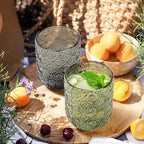 Joeyan Small Green Drinking Glasses,Vintage Embossed Floral Water Glass Tumbler Cups,Colored Beverages Cocktail Juice Wine Glassware,9 oz,Set of 4,Dishwasher Safe