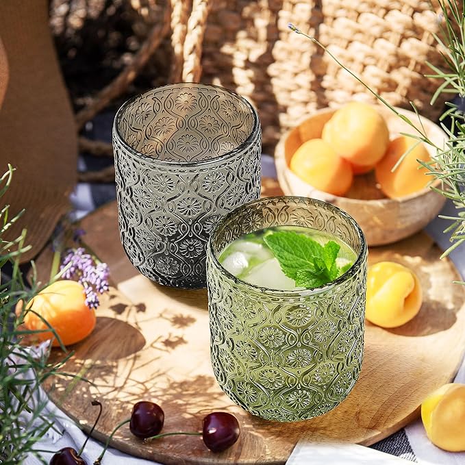 Joeyan Small Green Drinking Glasses,Vintage Embossed Floral Water Glass Tumbler Cups,Colored Beverages Cocktail Juice Wine Glassware,9 oz,Set of 4,Dishwasher Safe