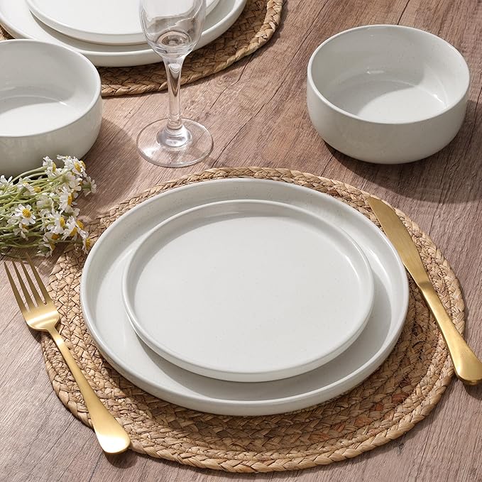 HaWare Stoneware Dinnerware Sets, 12-Piece Plates and Bowls Set for 4, Dishes Set for Home Restaurant, Speckled Milky White