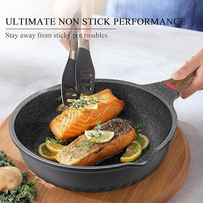 Vinchef Pots and Pans Set, 12pcs Nonstick Induction Kitchen Cookware Sets with Stay-Cool Handles, Frying Pans and Saute Pan with Lid, Silicone Cooking Utensil Sets and Pot Protectors, PFAS, PFOA Free