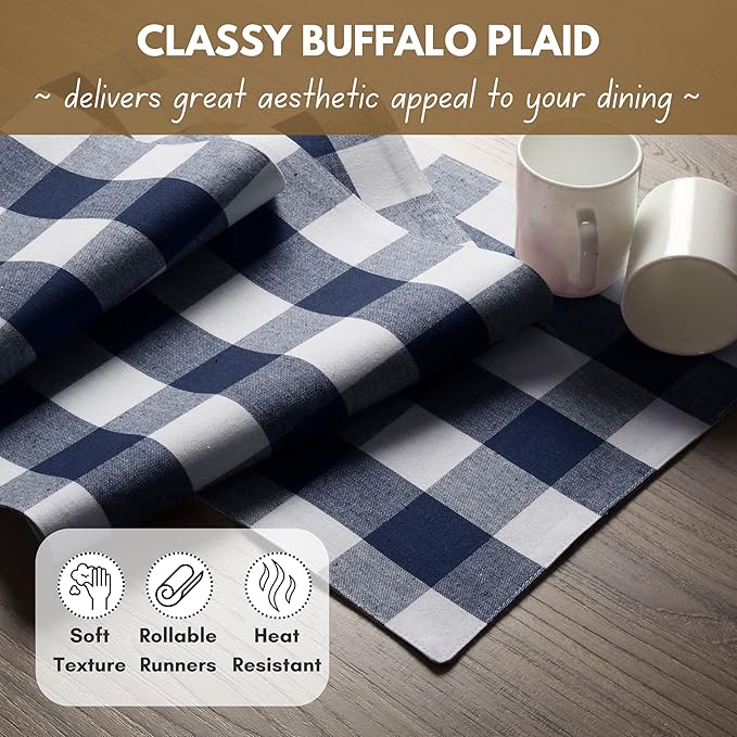 Native Fab Table Runner Buffalo Check Plaid 100% Cotton - 13x72 Inches Kitchen Dining Table Decoration for Indoor Outdoor Farmhouse Home Party Decor -Navy Blue and White