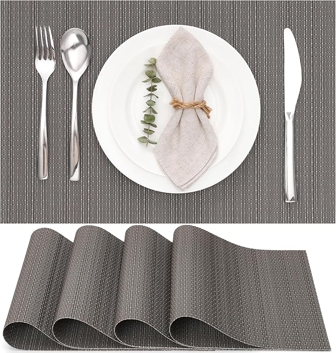 Myir JUN Placemats Set of 4, Vinyl Woven Placemats Place Mats Indoor Set of 4 Washable Table Mats Non-Slip Place mats for Dining Table (Dark Gray, Set of 4)