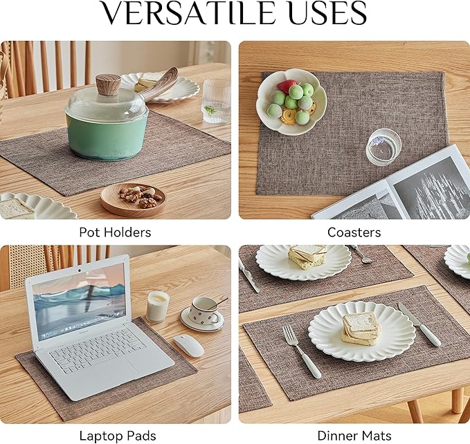 Softalker Faux Linen Placemats Set of 8-12 x 18 Inch, Heat Resistant Double Layered Durable Burlap Farmhouse Place Mats, Non-Slip Washable Rustic Table Mats for Dining, Kitchen, Party,Natural Linen