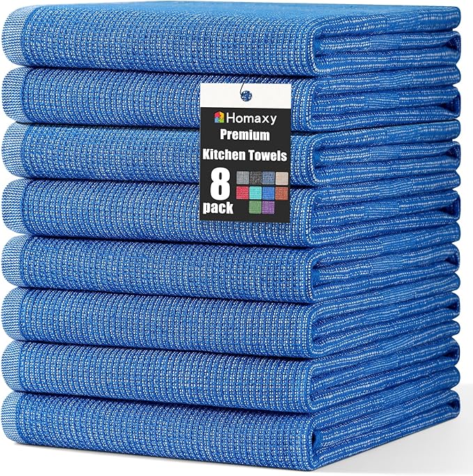 Homaxy Premium Kitchen Towels(18”x 28”, 8 Pack), Large Cotton Kitchen Hand Towels, Flat and Terry Dish Towels, 380 GSM Highly Absorbent Tea Towel Set with Hanging Loop, Blueberry