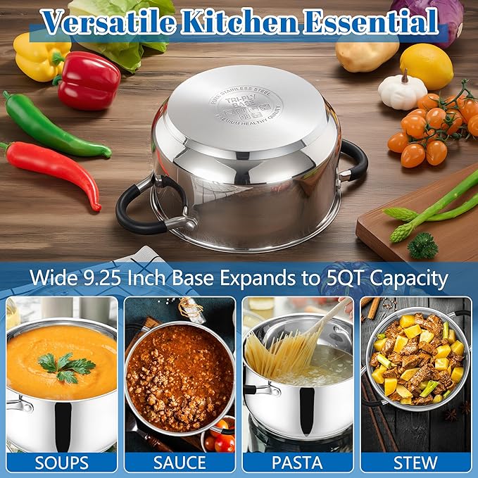 E-far 5Qt Stainless Steel Pot, Stock Pot with Glass Lid for Cooking Pasta Soup Sauce, Tri-Ply Induction Thick Base & Cool-Touch Handles, All Stoves & Dishwasher Safe