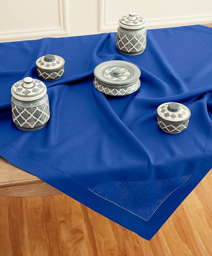 Solino Home Linen Square Tablecloth 52 x 52 Inch - 100% Pure Linen Royal Blue Table Throw - Classic Hemstitch, Machine Washable Table Cloth for Summer