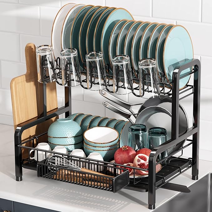 BOOSINY Dish Drying Rack and Drainboard Set for Kitchen Counter, 2 Tier Large Stainless Steel Sink Organizer Dish Racks with Cups Holder, Utensil Holder, Black Dish Strainer Shelf