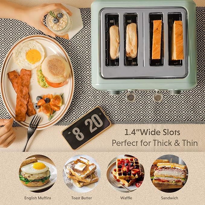 BUYDEEM DT640 4-Slice Toaster, Extra Wide Slots, Retro Stainless Steel with High Lift Lever, Bagel and Muffin Function, Removal Crumb Tray, 7-Shade Settings,Cozy Greenish