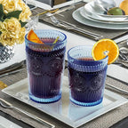 12pcs Vintage Drinking Glasses Set, 12 oz Highball Glasses & 9 oz Embossed Ribbed Glassware Cups for Cocktail, Water, Juice, Coffee, Whiskey (Blue)