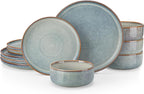 vancasso PLAYA Plates and Bowls Sets, 12 Pieces Light-Blue Dinnerware Sets for Kitchen, Reactive Glaze Dishes Set for 4, Dishwasher and Microwave Safe