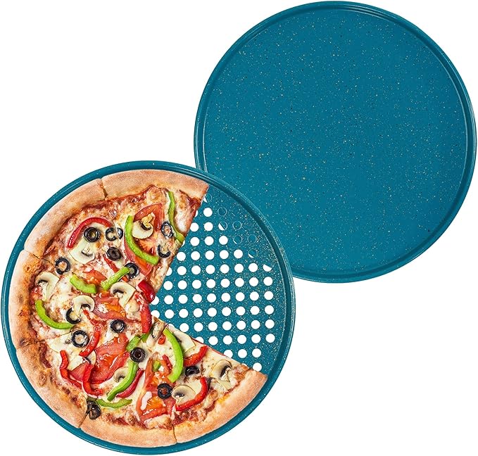 casaWare 2pc 12-inch Ultimate Pizza Pan Set, Nonstick, Ceramic Coated, (1) Solid, (1) Perforated (Blue Granite)
