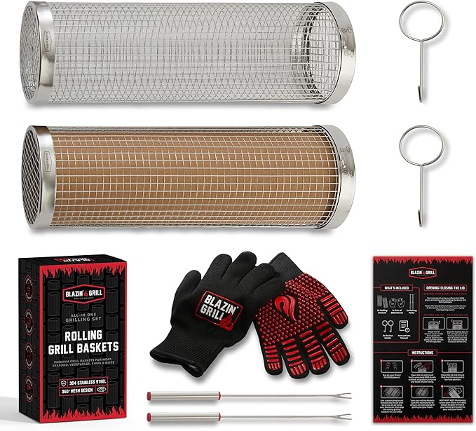 BLAZIN' GRILL Rolling Grill Basket | 2 x Grilling Basket & Smoker Accessories | Grill Baskets for Outdoor Grill with BBQ Gloves | Barbecue Grill baskets for Vegetables, Seafood & Meat