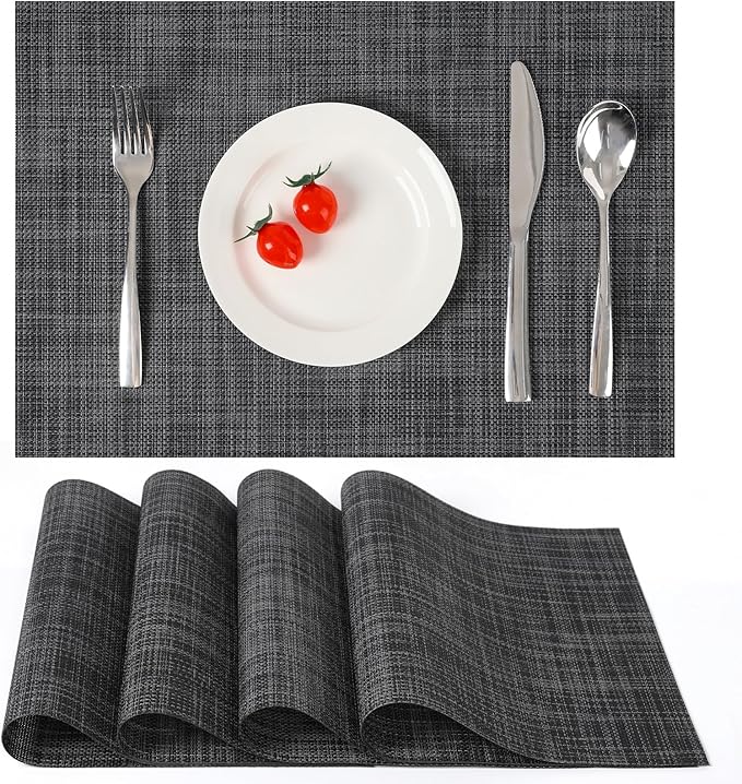 Myir JUN Placemats Set of 4, Vinyl Woven Placemats Place Mats Indoor Set of 4 Washable Table Mats Non-Slip Place mats for Dining Table (Dark Gray-Black, Set of 4)