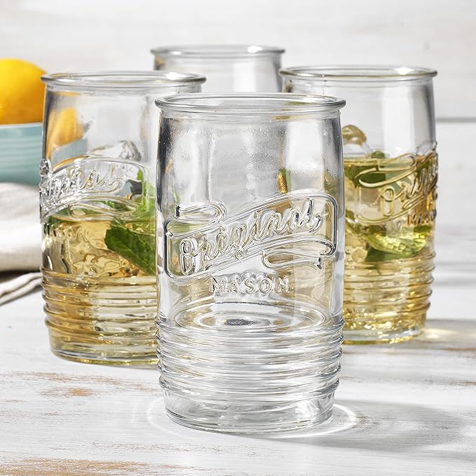 Glaver's Glass Tumbler Drinking Glasses Set of 4 – Genuine Artisan-Made Vintage Italian Original Mason – Elegant 20 Oz Clear Tumbler Glassware Set for Refreshing Drinks, Beverages, Iced Tea.