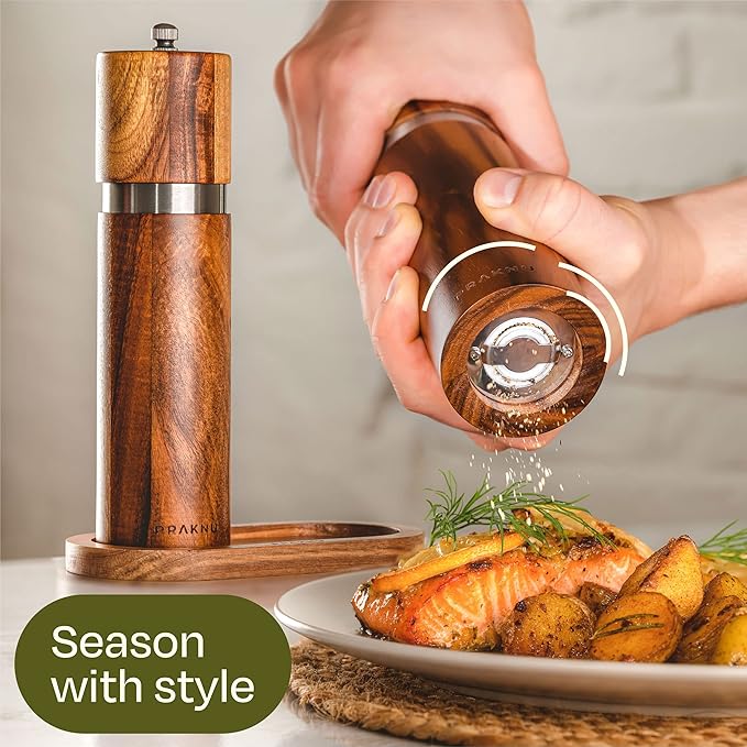 Salt and Pepper Grinder Set Wooden with Tray – Made from FSC® Acacia Wood – Adjustable Durable Ceramic Rotor - Plastic-Free