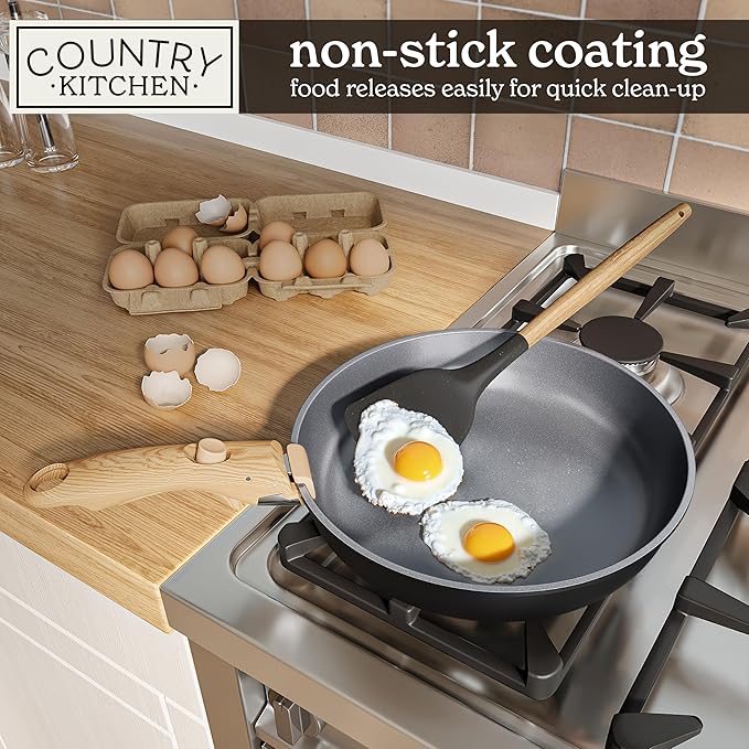 Country Kitchen Cookware Set with Removable Handle, Oven & RV Safe Pots and Pans Set, Black/Grey Wood Handle, Original