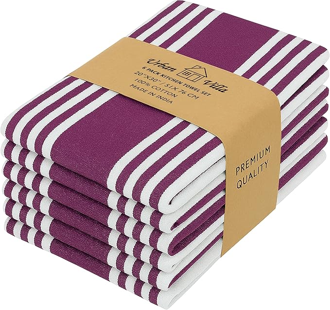 Urban Villa Kitchen Towels 100% Cotton Pack of 6, Highly Absorbent Quick Drying Super Soft Premium Dish Towels for Kitchen with Hanging Loop Hand & Tea Towels - 20x30 Inch, (Wine & White, Striped)