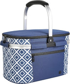 ALLCAMP Insulated Cooler Bag Portable Collapsible Picnic Basket Cooler with Sewn in Frame (Medium Rectangle Blue White)