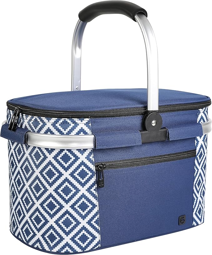 ALLCAMP Insulated Cooler Bag Portable Collapsible Picnic Basket Cooler with Sewn in Frame (Medium Rectangle Blue White)