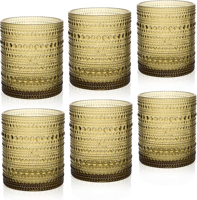 Cocktail Glasses 10 oz Hobnail Drinking Glasses Set of 6, Vintage Glassware, Textured Glass Cups Bubble Glasses Water Glasses Old Fashion Jupiter Glasses Set, Green