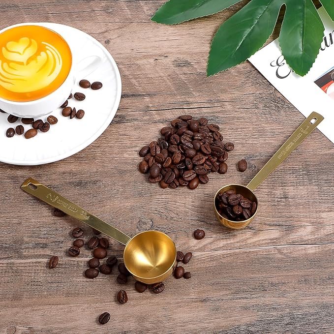2 PCS Gold Measuring Spoons, 15 Ml and 30 Ml Stainless Steel Coffee Spoons Set Coffee Scoop for Ground Coffees, Long Handle Tablespoon Measuring Spoon for Milk Sugar Protein Brewin Gold Tea Spoon