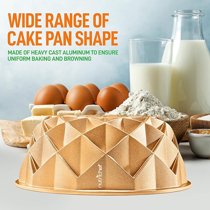 NutriChef 9-Inch Cake Pan - Thick and Heavy Cast Aluminum Bakeware Cake Mold with 2 Layers of Nonstick Coating - French Wreath Design for Uniform Baking Up To 500 Degrees - Easy to Clean, Gold