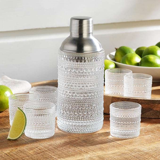 Glaver's Cocktail Shaker Set, Glass 15.2 oz Shaker, 6 Hobnail Shot Glasses, Stainless Steel Strainer Cap,Glass Shaker Set for Bars. Dishwasher Safe