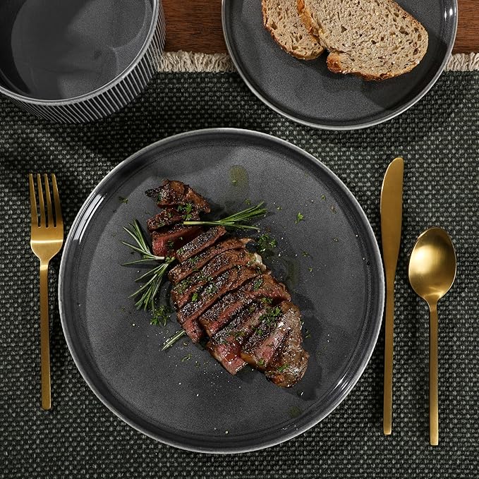 Gibson Elite Solana Coast 12 Piece Stoneware Reactive Glaze (Service for 4) Ceramic Plates and Bowls Modern Shape Embossed Dinnerware Set - Black