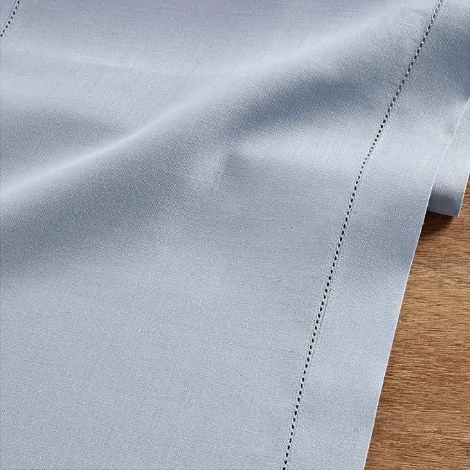 Solino Home Linen Dusty Blue Table Runner 36 Inches - Classic Hemstitch, 100% Pure Linen Coffee Table Runner 14 x 36 Inch Ideal for Dresser Tables - Summer, Fall, Autumn, Halloween