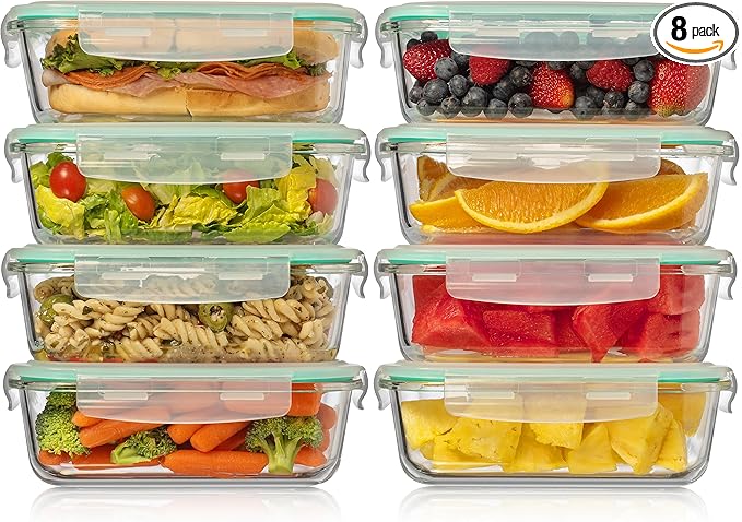 Fusion Gourmet 8 Pack 35 oz Glass Storage Containers with Lids - Airtight, Leakproof, Oven, Microwave & Freezer Safe, Stain & Odor Resistant, Reusable Meal Prep Containers (16-Piece)