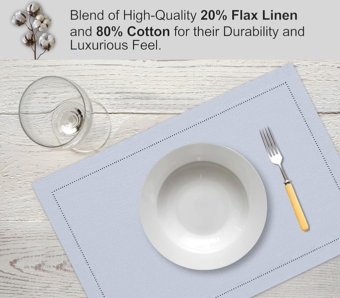 Ruvanti Linen Placemats Set of 6-13x19 Inch, Classic Hemstitch, Heat ‎Resistant Machine Washable Place Mats, Soft & Elegant- Perfect for Christmas, ‎Thanksgiving, Easter, Wedding, Dinner - Arctic Ice