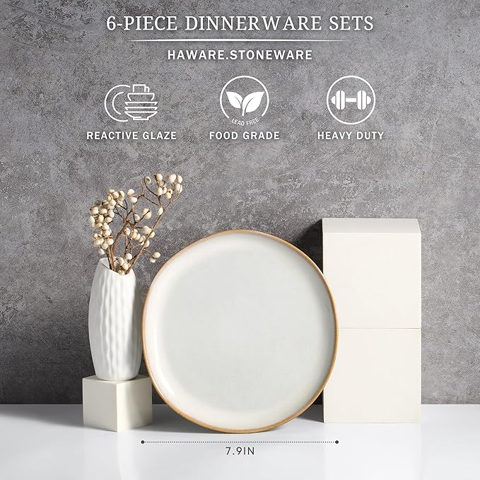HaWare Stoneware Salad Plates Set of 6, 7.9” Heavy Duty Ceramic Plates, Reactive Glaze Dinnerware for Home Restaurant, Chip and Scratch Resistant, Microwave and Dishwasher Safe, Reactive Pearl White