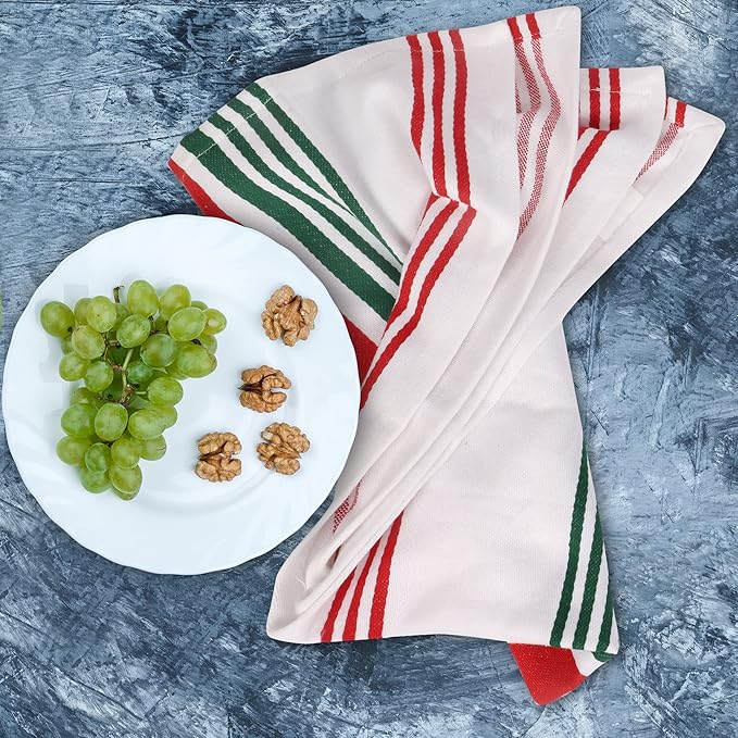 Urban Villa Kitchen Towels 100% Cotton Pack of 6, Highly Absorbent Quick Drying Super Soft Premium Dish Towels 20x30 Inch for Kitchen with Hanging Loop Hand & Tea Towels - Red/Green/White