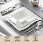 MALACASA Ivory White Dinnerware Set, 12 Pieces - Porcelain Dinner Plates, Dessert Plates and Bowls, Square Flora Pattern